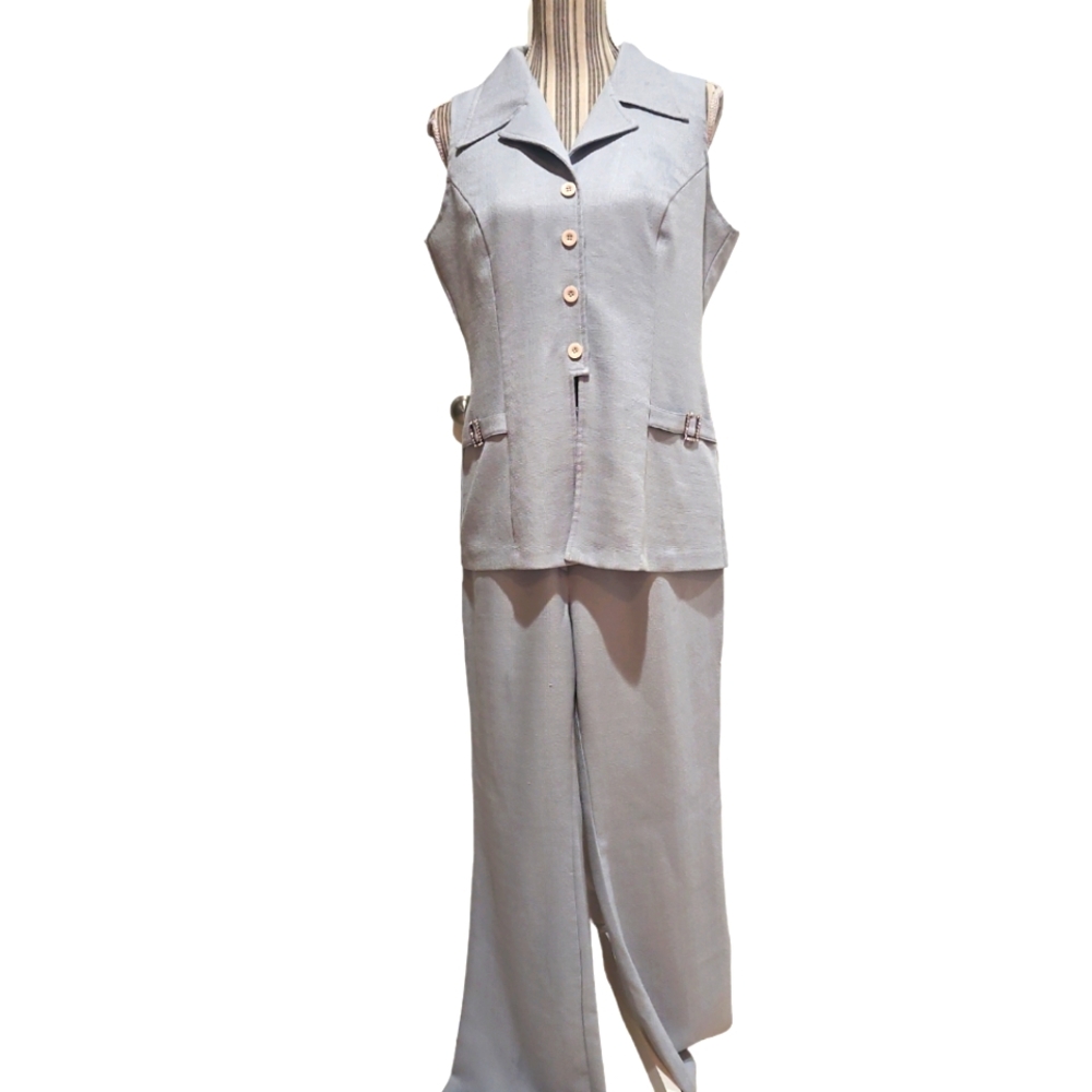 ANNA Women Vintage Light Blue 2 piece Button Front Blazer Vest and Pants set S:L